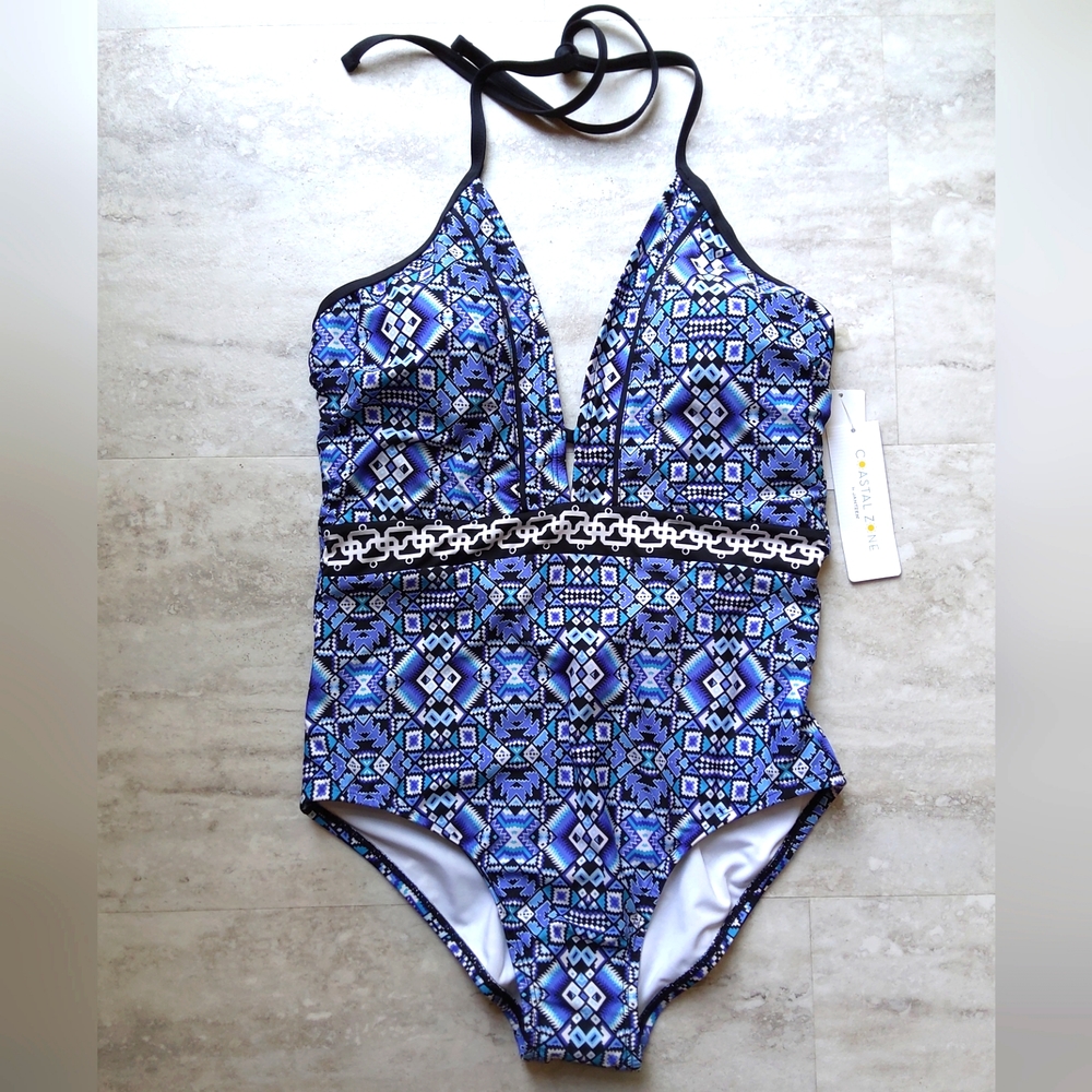 Blue Geometric One-Piece Swimsuit with Halter Neck